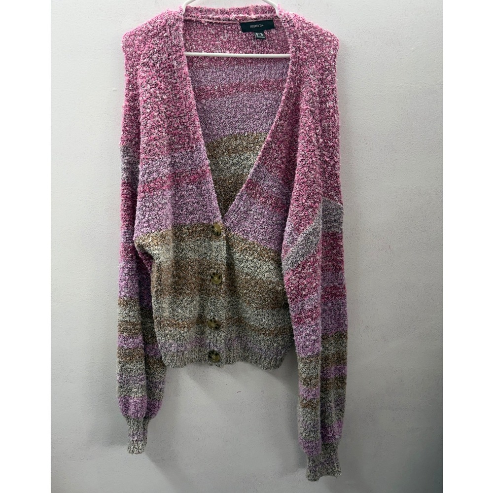 Forever 21 Plus Pink Purple Striped Boucle Knit Button Front Cardigan Sweater 3X